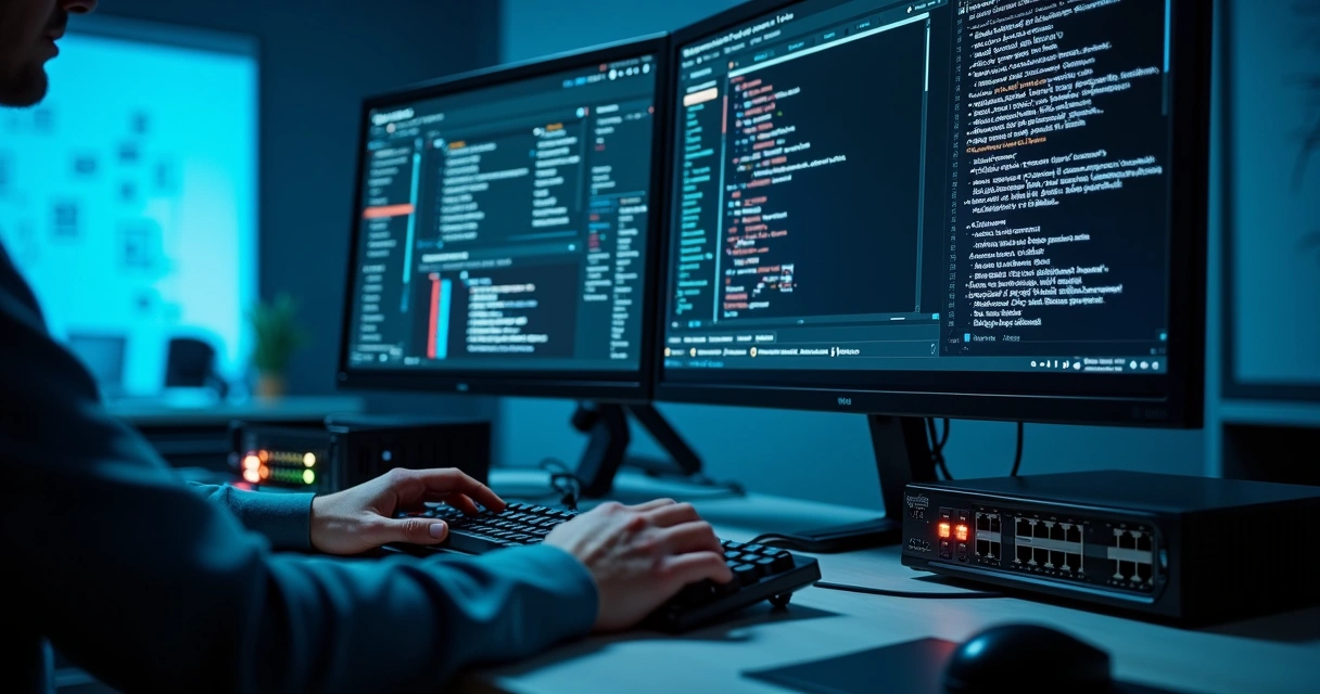 Administrador configurando firewall FortiGate em interface web e CLI lado a lado