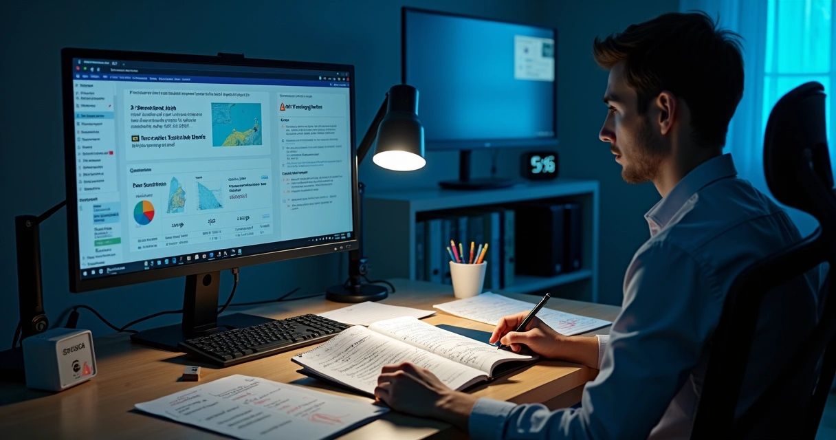 Profissional de redes estudando para prova NSE4 com anotações e laptop