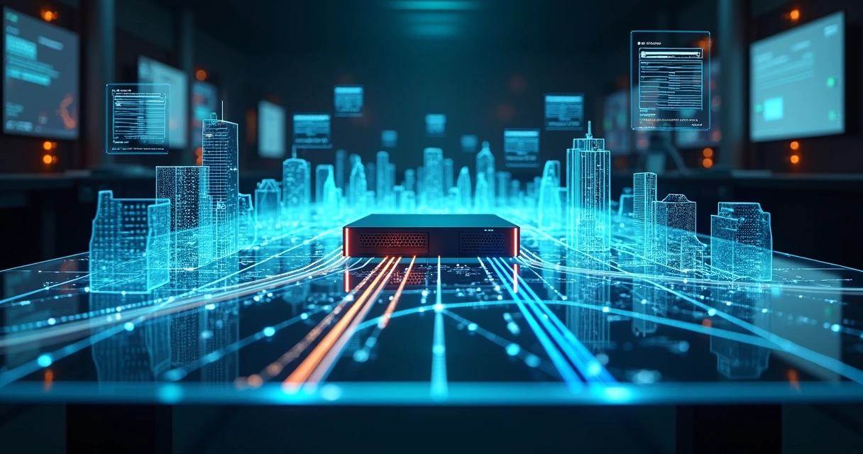 Painel de rede exibindo SD-WAN inteligente com links de internet e rotas otimizadas