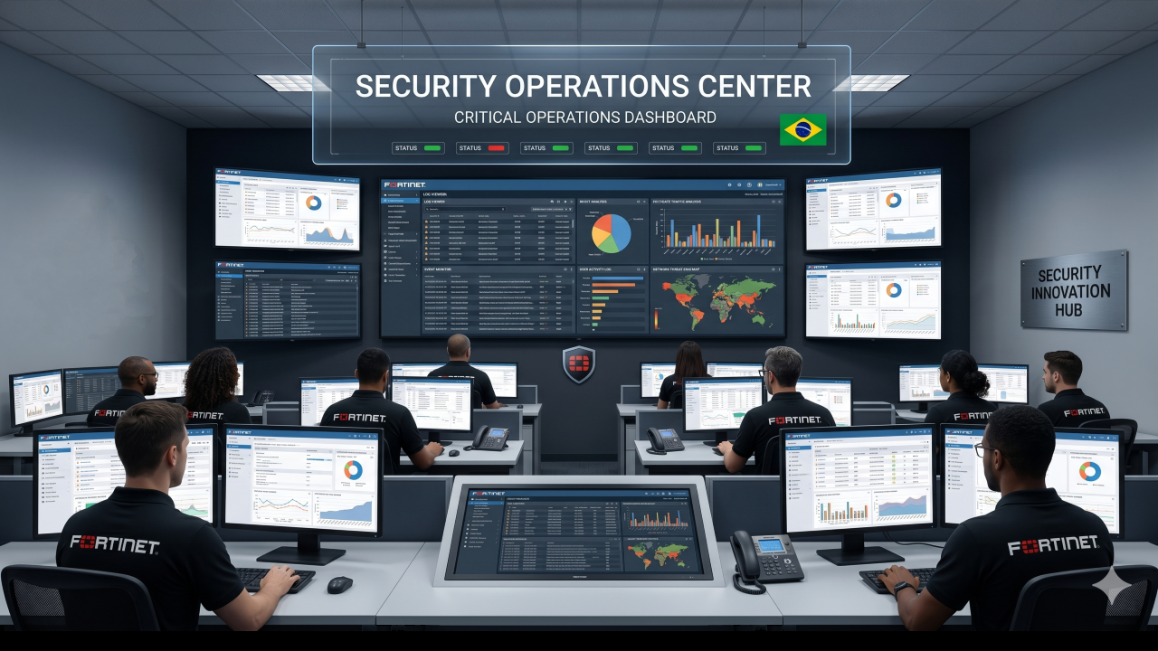 Tela com FortiAnalyzer exibindo ameaças em tempo real em um centro de operações de segurança