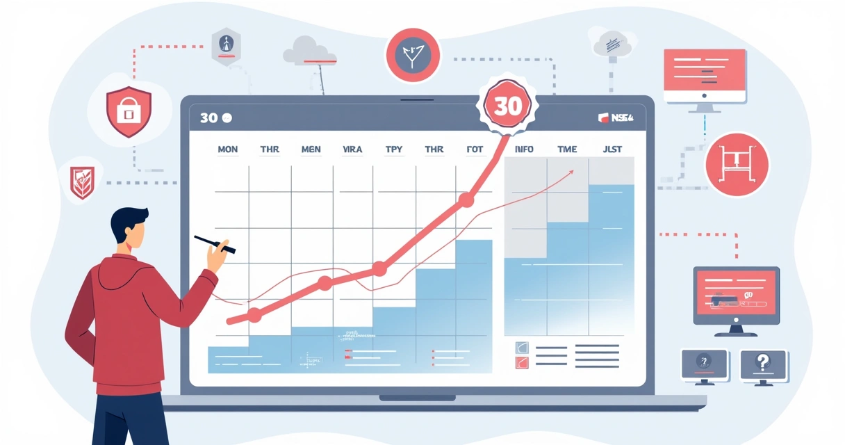 Plano visual de estudo para certificação NSE4 em 30 dias conectado a ícones de rede e segurança